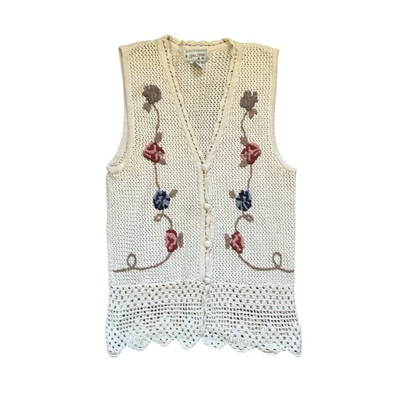 Vintage Jackets & Blazers - VTG Gina Peters Floral Embroidered Neutral Knit Vest 90s Grunge Cottagecore M